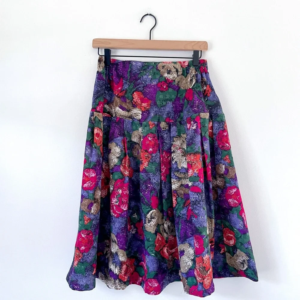 Vintage Floral Drop Waist Midi Skirt Sz 6 Pleated Handmade Parisian Feminine